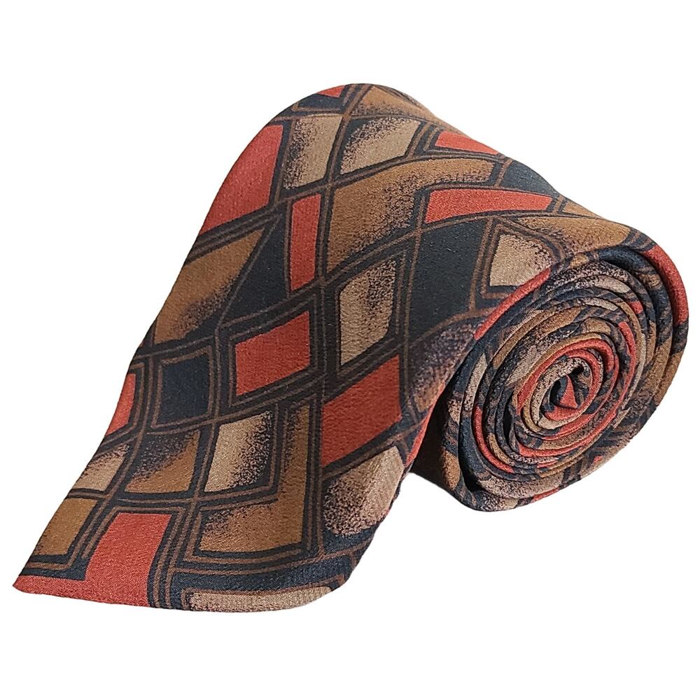 Brandini Brown Rust Diamond Lattice Geometric Silk Necktie Made in Italy 57x4